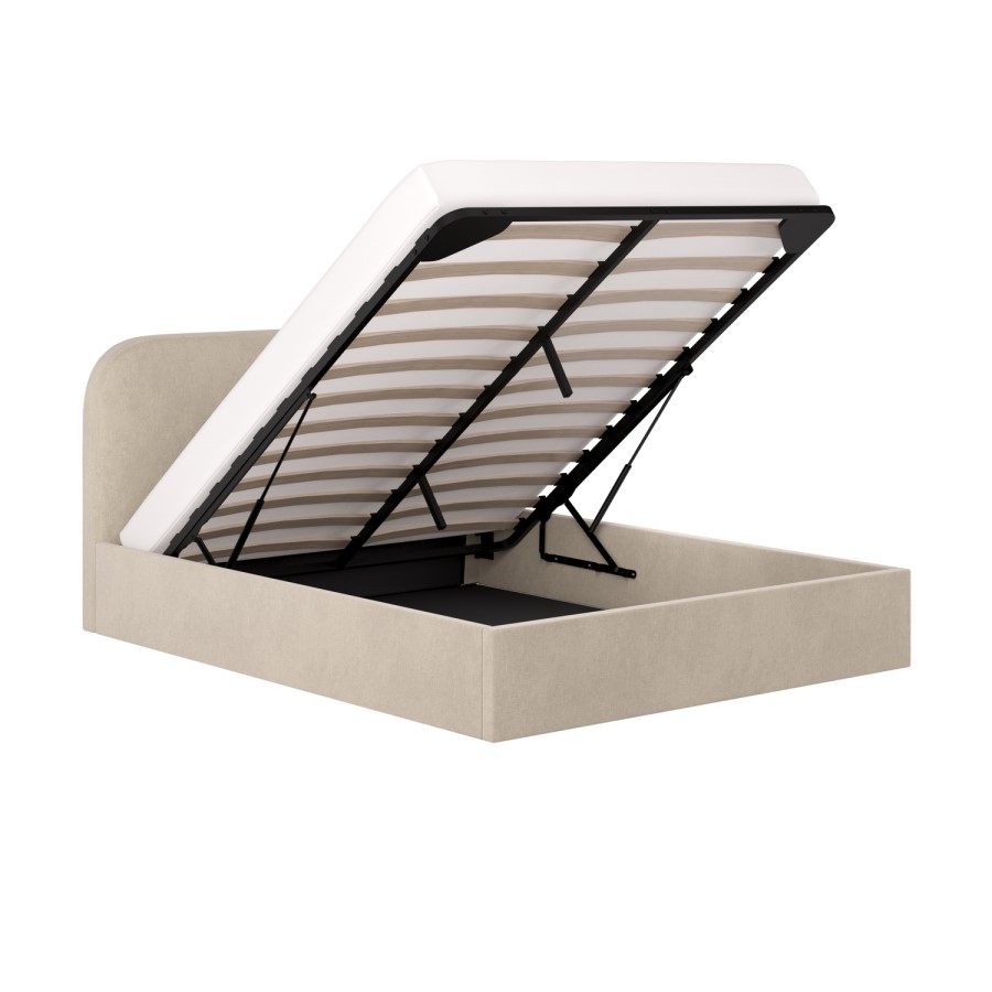 Beige Upholstered Double Ottoman Bed with Curved Headboard - Zara
