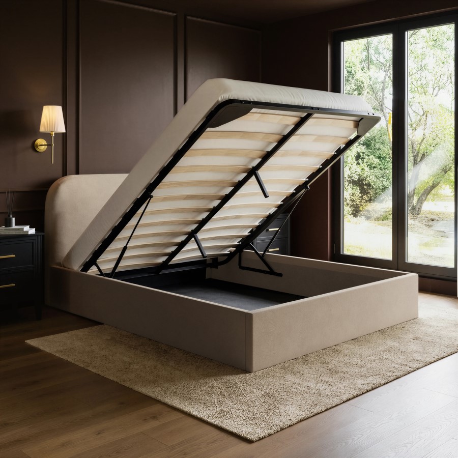 Beige Upholstered Double Ottoman Bed with Curved Headboard - Zara