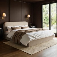Beige Upholstered King Size Ottoman Bed with Curved Headboard - Zara