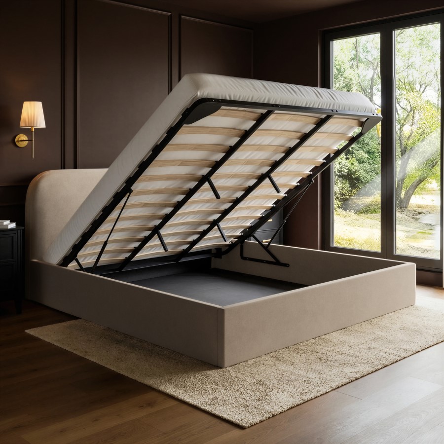 Beige Upholstered King Size Ottoman Bed with Curved Headboard - Zara