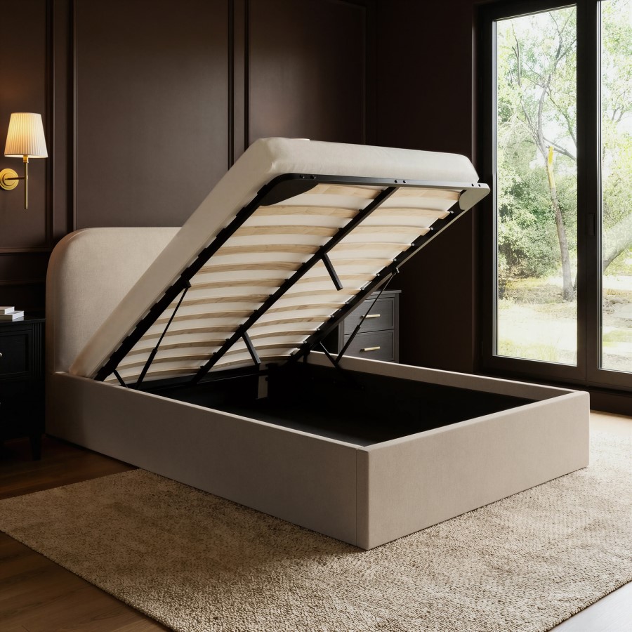 Beige Upholstered Single Ottoman Bed with Curved Headboard - Zara