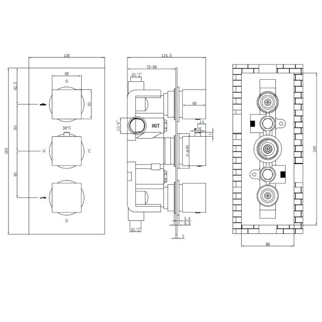 Brushed Brass 2 Concealed Thermostatic Shower Outlet Valve With Triple Control - Zana