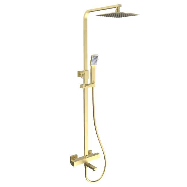 Brushed Brass Square Thermostatic Bar Bath Mixer Shower Set with Slide Rail Kit & Hand Shower - Zana