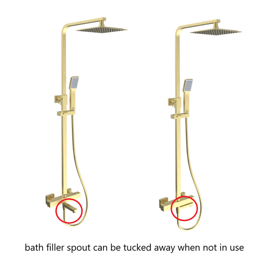 Brushed Brass Square Thermostatic Bar Bath Mixer Shower Set with Slide Rail Kit & Hand Shower - Zana