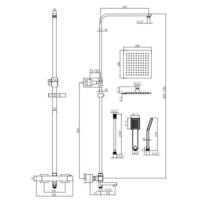 Brushed Brass Square Thermostatic Bar Bath Mixer Shower Set with Slide Rail Kit & Hand Shower - Zana