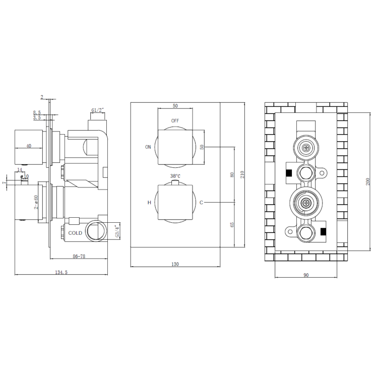 Brushed Brass 1 Concealed Thermostatic Shower Valve with Dual Control - Zana