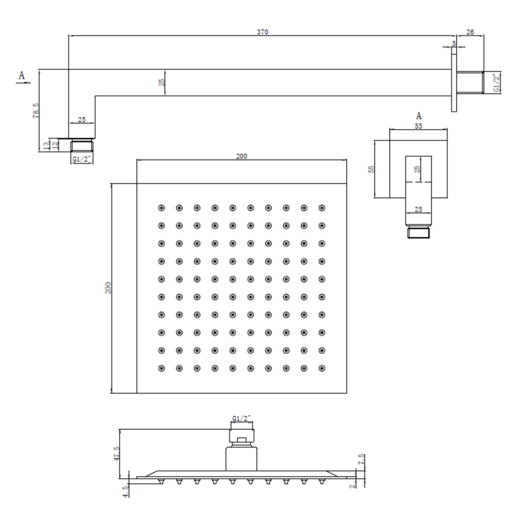 Brushed Brass 200mm Rainfall Square Shower Head & Arm - Zana