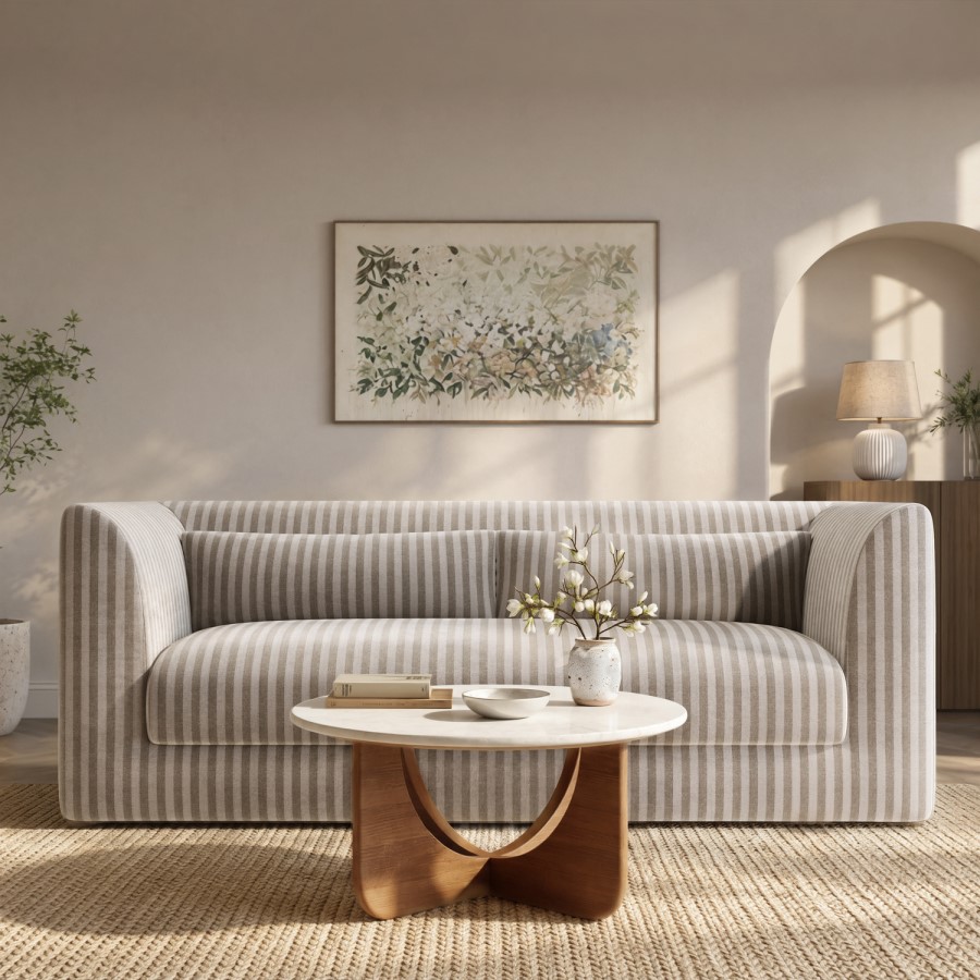 Beige Chenille Striped 3 Seater Sofa - Zeke