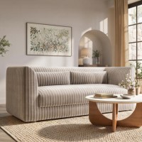 Beige Chenille Striped 3 Seater Sofa - Zeke
