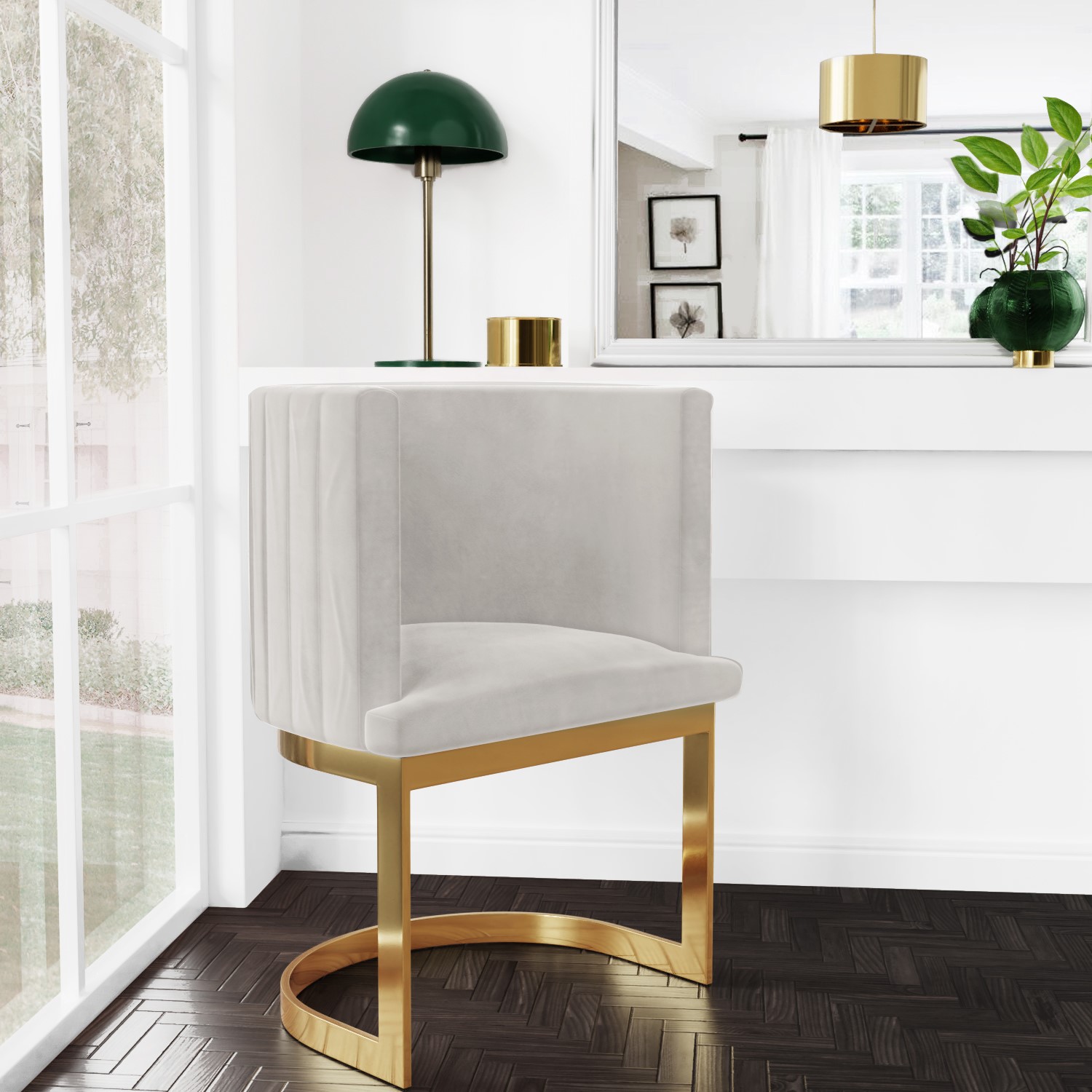 Photo of Light grey velvet cantilever dressing table chair with gold legs - zelena