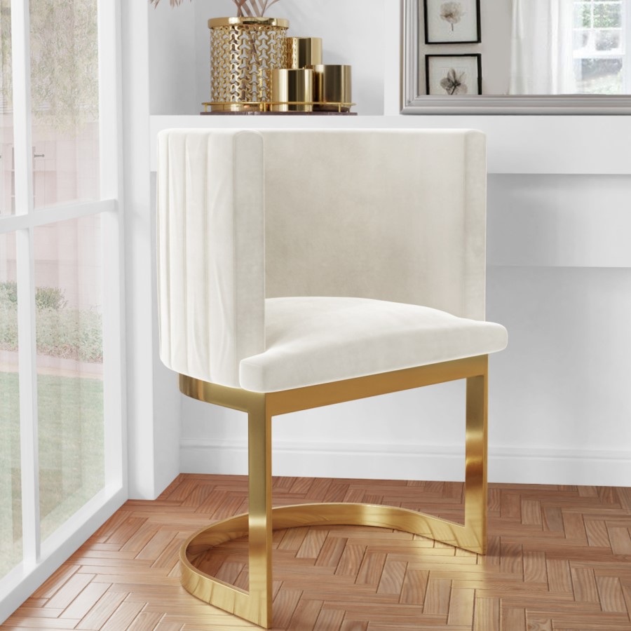 ALMOST PERFECT - Off White Velvet Cantilever Dressing Table Chair with Gold Legs - Zelena