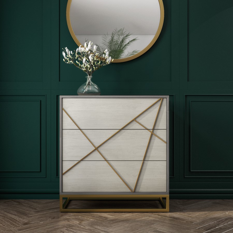 Zhara 3 Drawer Chest of Drawers in Grey with Gold Painted Wooden Trim