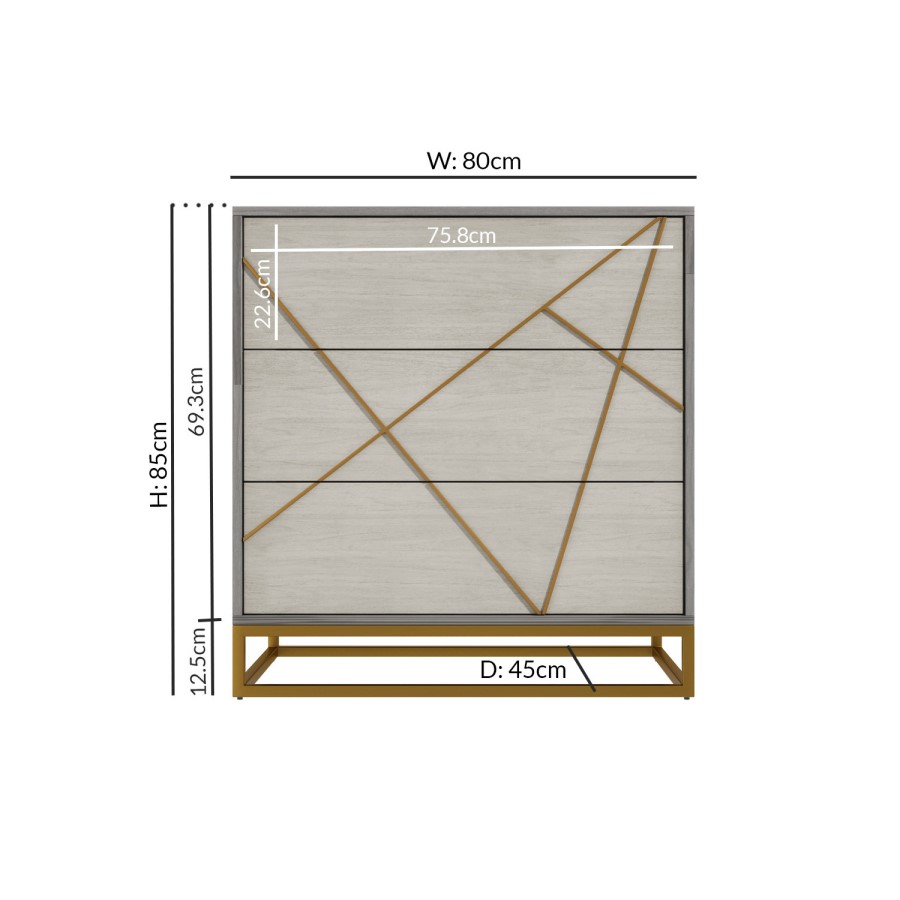 Zhara 3 Drawer Chest of Drawers in Grey with Gold Painted Wooden Trim