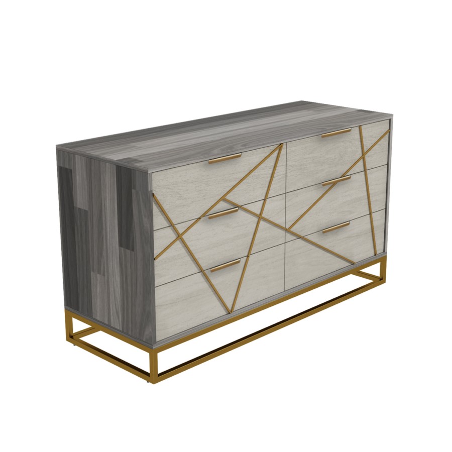 Zhara 6 Drawer Chest of Drawers in Grey with Gold Painted Wooden Trim