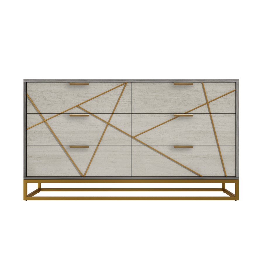 Zhara 6 Drawer Chest of Drawers in Grey with Gold Painted Wooden Trim