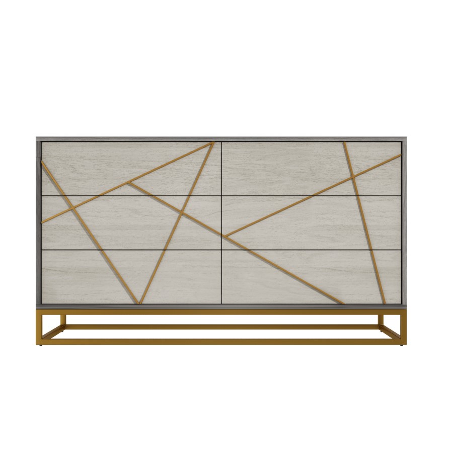 Zhara 6 Drawer Chest of Drawers in Grey with Gold Painted Wooden Trim