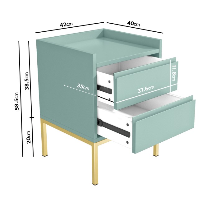 GRADE A2 - Sage Green Bedside Table with 2 Drawers and Gold Legs - Zion