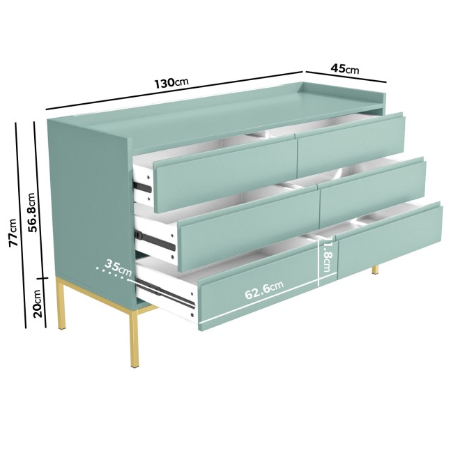 Wide Sage Green Modern Chest of 6 Drawers with Legs - Zion