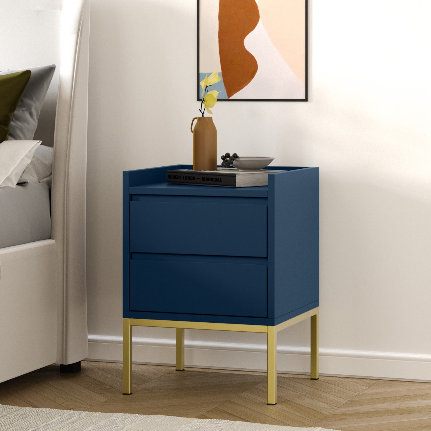 Navy Blue Modern 2 Drawer Bedside Table Legs