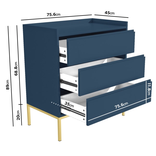 GRADE A1 - Navy 3 Drawer Chest of Drawers - Zion