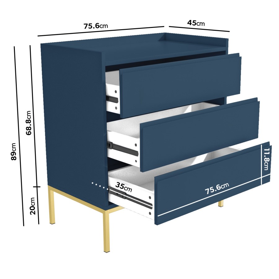 Navy Blue Modern Chest of 3 Drawers with Legs - Zion