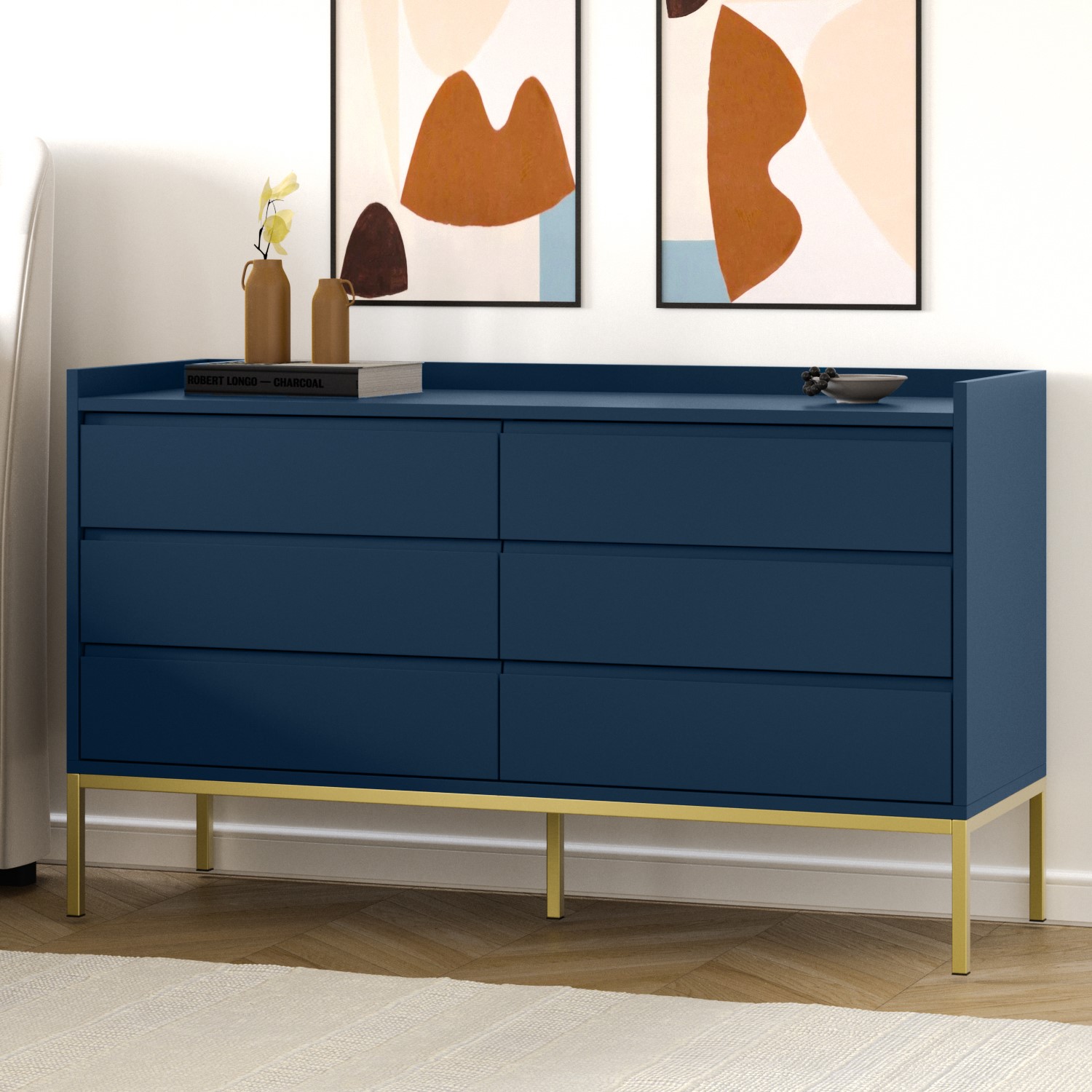 Photo of Wide navy blue modern chest of 6 drawers with legs - zion