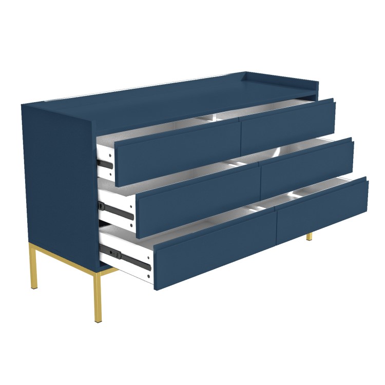 Wide Navy Blue Modern Chest of 6 Drawers with Legs - Zion