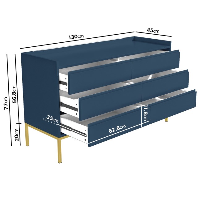 GRADE A1 - Navy Wide 6 Drawer Chest of Drawers - Zion