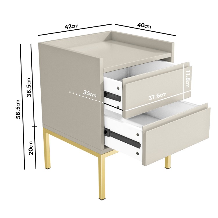 Taupe Modern 2 Drawer Bedside Table with Legs - Zion