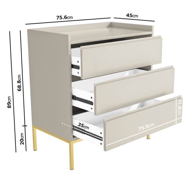 ONLY OPENED - Taupe Chest of 3 Drawers with Gold Legs - Zion