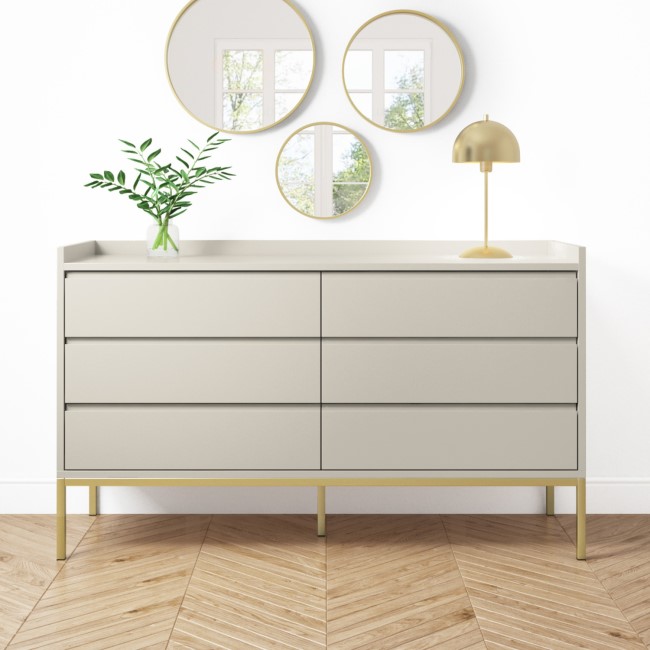 GRADE A2 - Wide Taupe Modern Chest of 6 Drawers with Legs - Zion