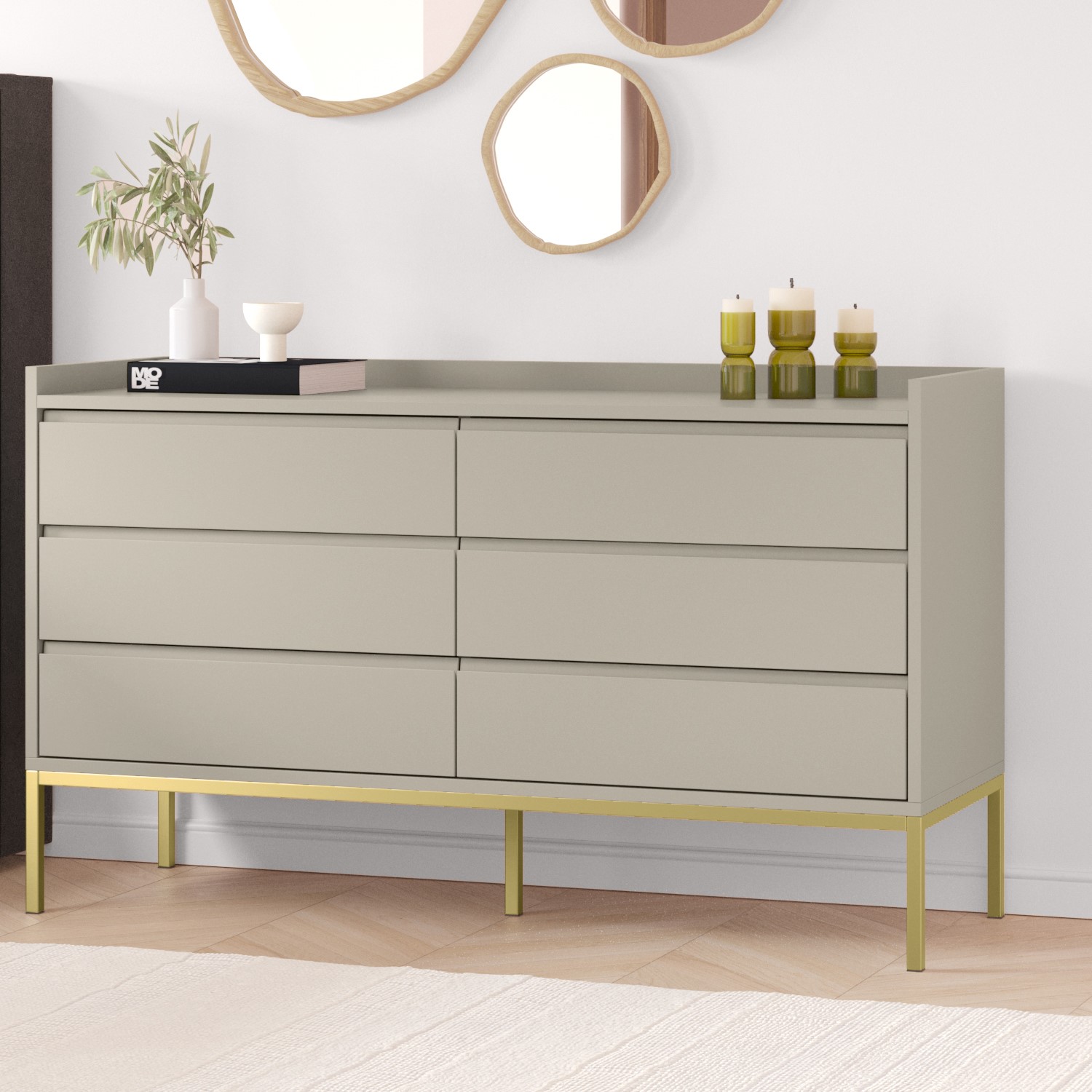 Photo of Wide beige modern chest of 6 drawers with legs - zion