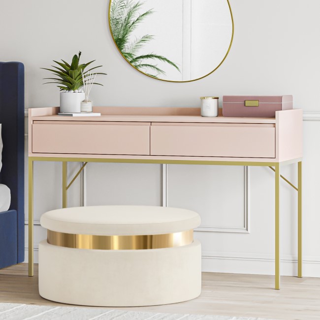 GRADE A1 - Pink Dressing Table with 2 Drawers and Gold Legs - Zion