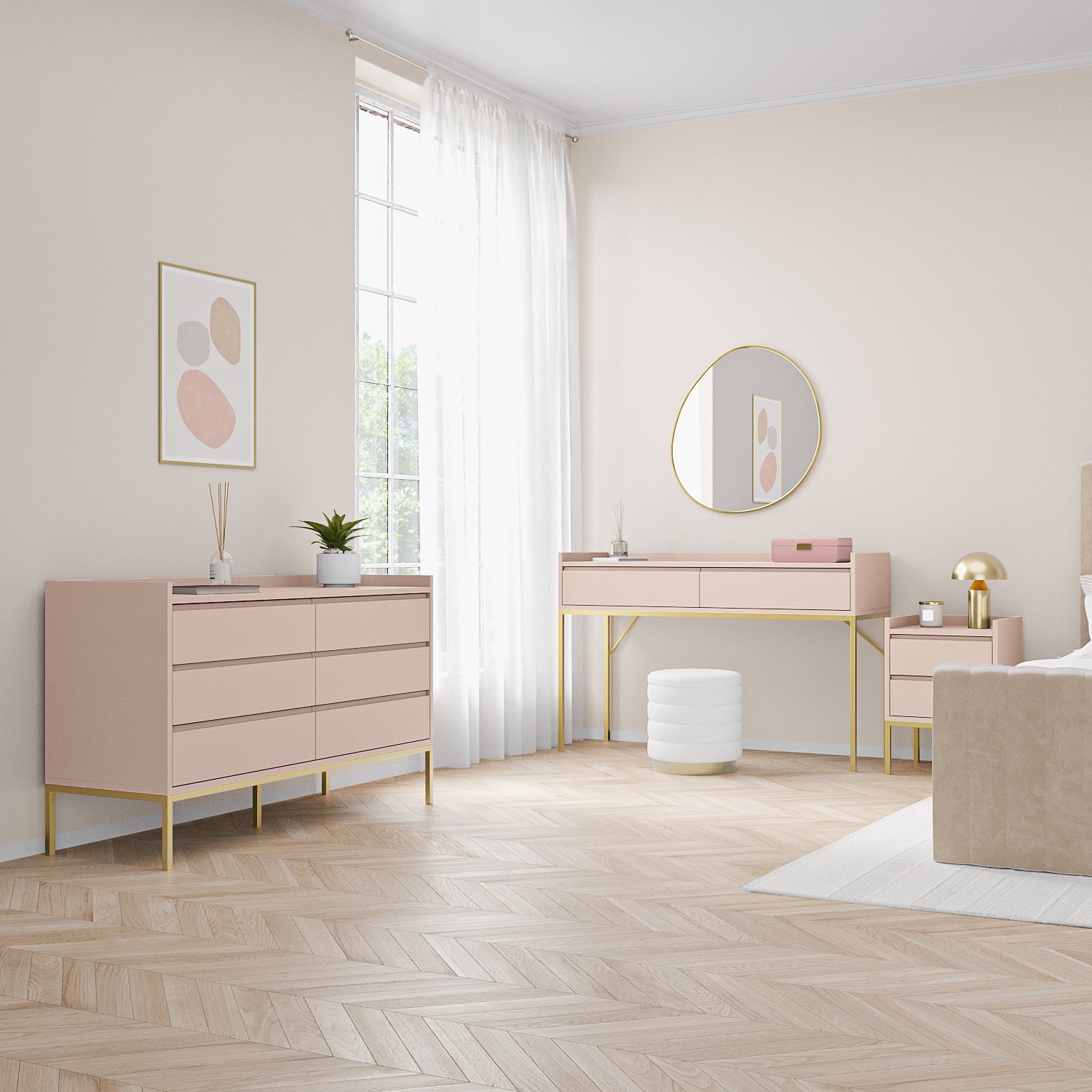 ONLY OPENED - Pink Dressing Table with 2 Drawers and Gold Legs - Zion - Furniture123 ONLY OPENED - Pink Dressing Table with 2 Drawers and Gold Legs - Zion - Furniture123