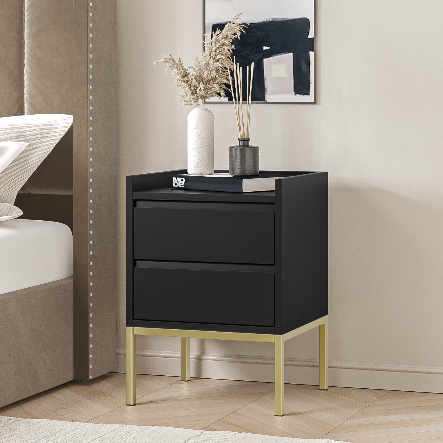 Photo of Black modern 2 drawer bedside table with legs - zion