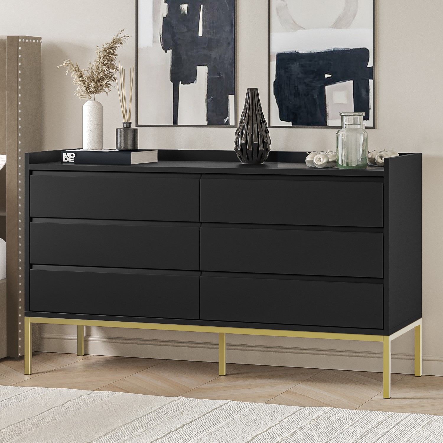 Photo of Wide black modern chest of 6 drawers with legs - zion