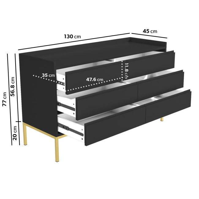 ONLY OPENED - Wide Black Modern Chest of 6 Drawers with Legs - Zion