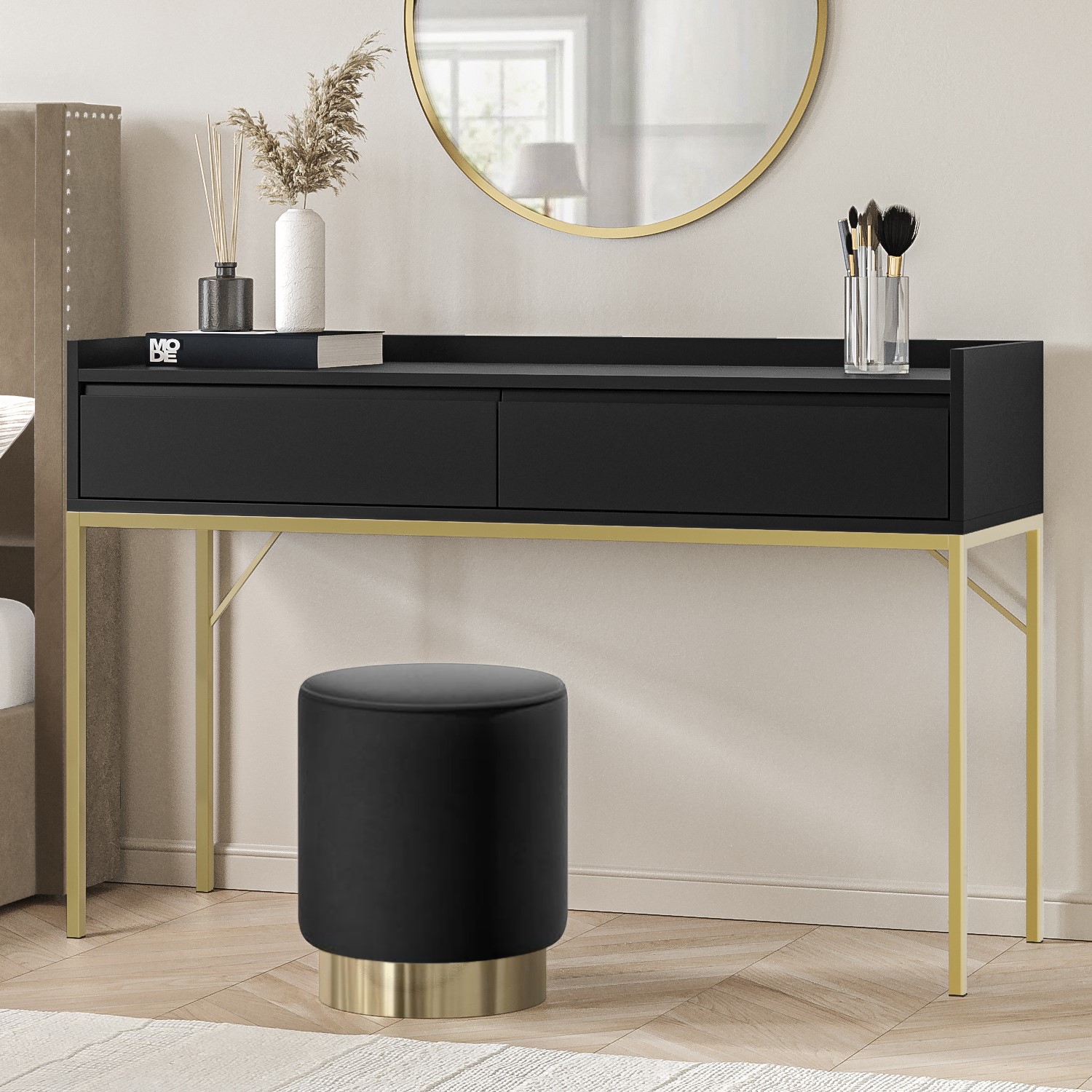 Black Dressing Table with 2 Drawers and Gold Legs - Zion - Furniture123 Black Dressing Table with 2 Drawers and Gold Legs - Zion - Furniture123