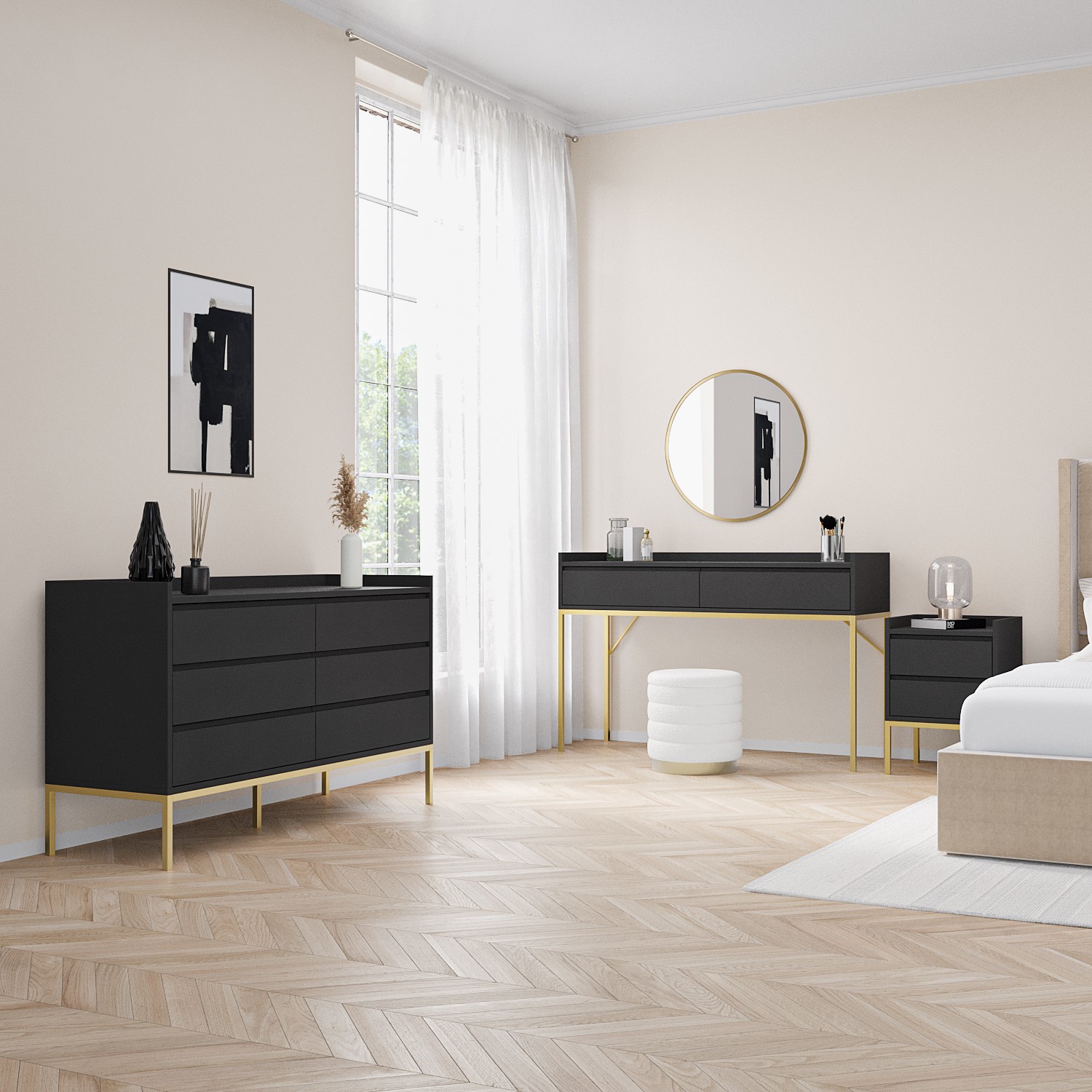 Black Dressing Table with 2 Drawers and Gold Legs - Zion - Furniture123 Black Dressing Table with 2 Drawers and Gold Legs - Zion - Furniture123