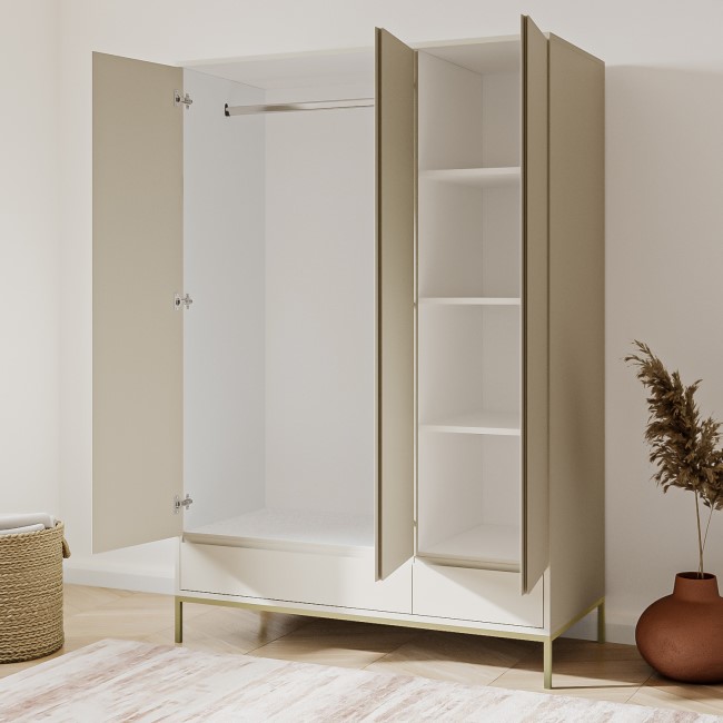 Modern Taupe 3 Door Triple Wardrobe with Drawers and Shelves - Zion