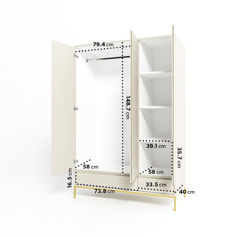 Modern Grey 3 Door Triple Wardrobe with Drawers and Shelves - Zion