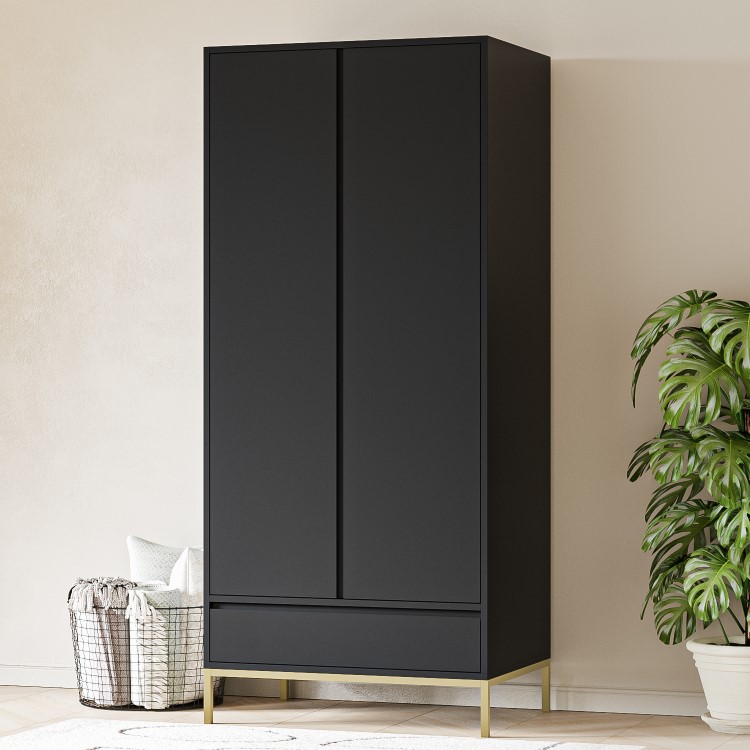 Modern Black 2 Door Double Wardrobe with Drawer - Zion