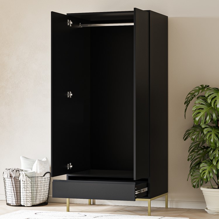 Modern Black 2 Door Double Wardrobe with Drawer - Zion