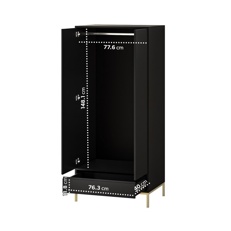 Modern Black 2 Door Double Wardrobe with Drawer - Zion