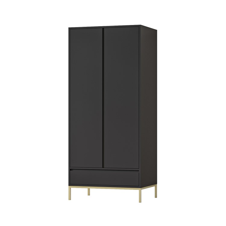 Modern Black 2 Door Double Wardrobe with Drawer - Zion