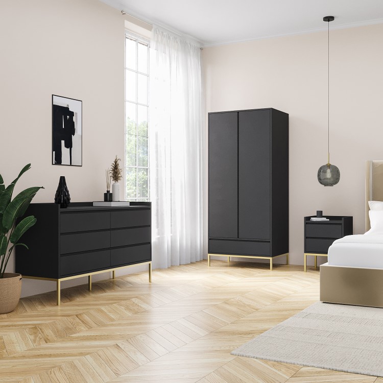 Modern Black 2 Door Double Wardrobe with Drawer - Zion