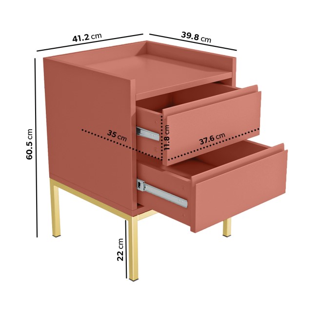 ONLY OPENED - Red Modern 2 Drawer Bedside Table with Legs - Zion