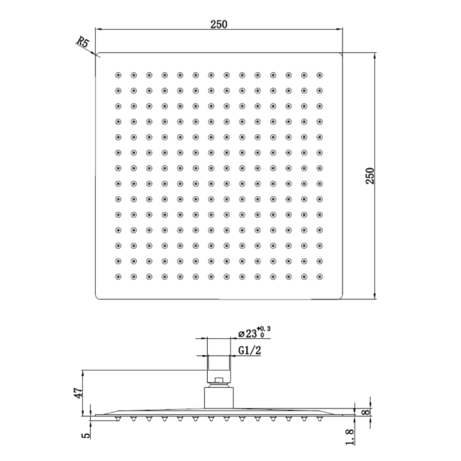 Black 250mm Slim Square Shower Head - Zana