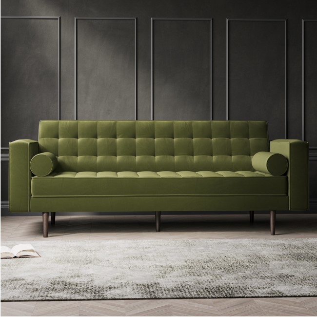 Olive Green Velvet Mid Century Sofa - Seats 3 - Zane