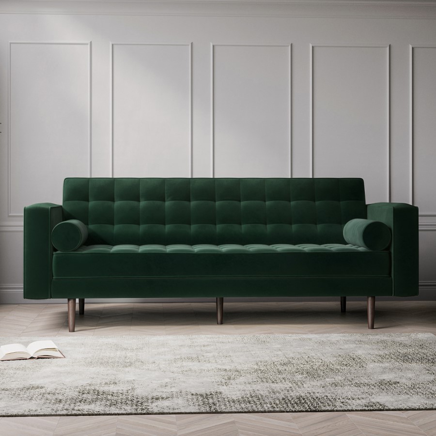 Dark Green Velvet Mid Century Sofa - Seats 3 - Zane